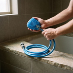 Blue silicone pet bath shower brush with coiled hose held in hands - wrenwood hero