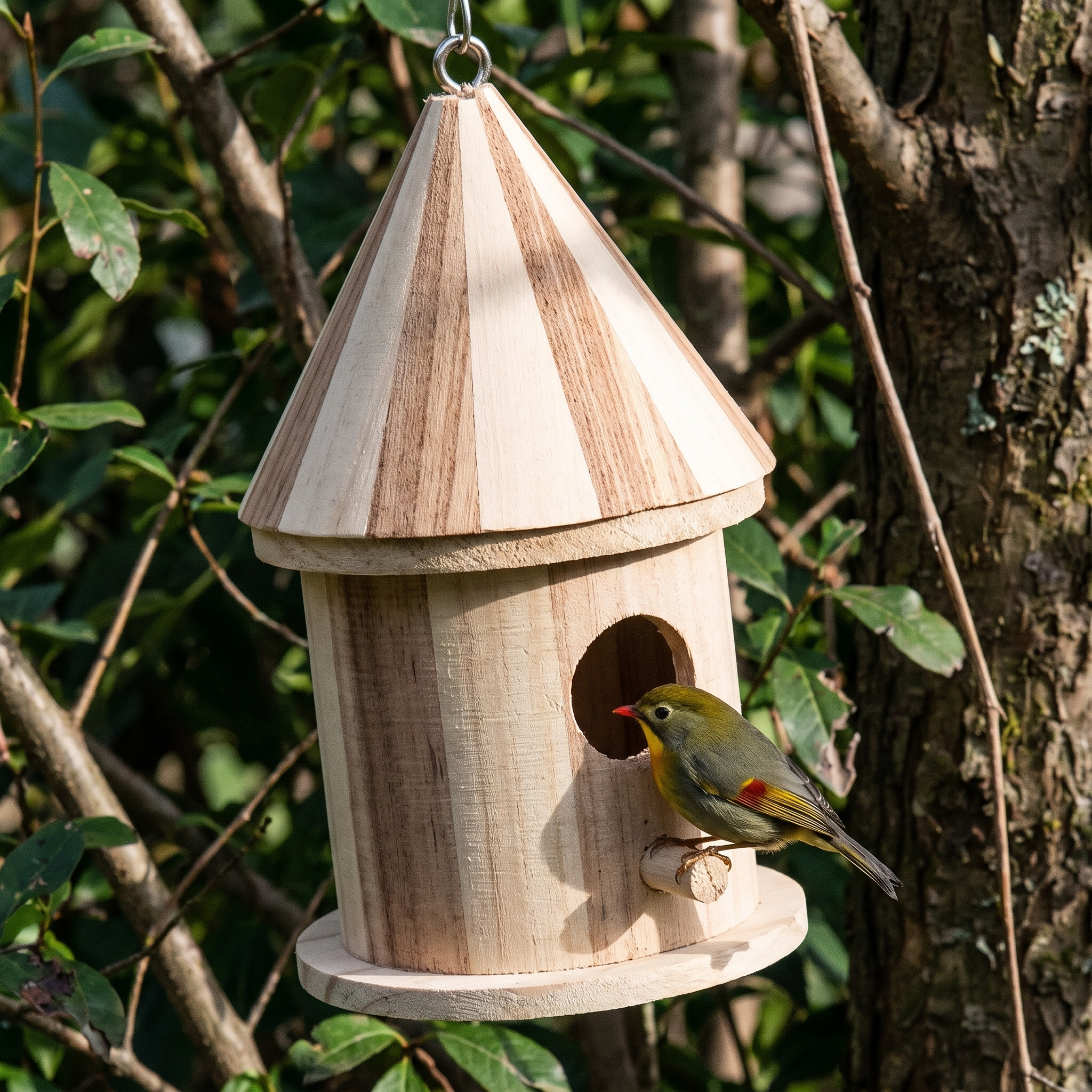 Hand-carved wooden bird house hanging in a garden with a songbird perched - wrenwood hero