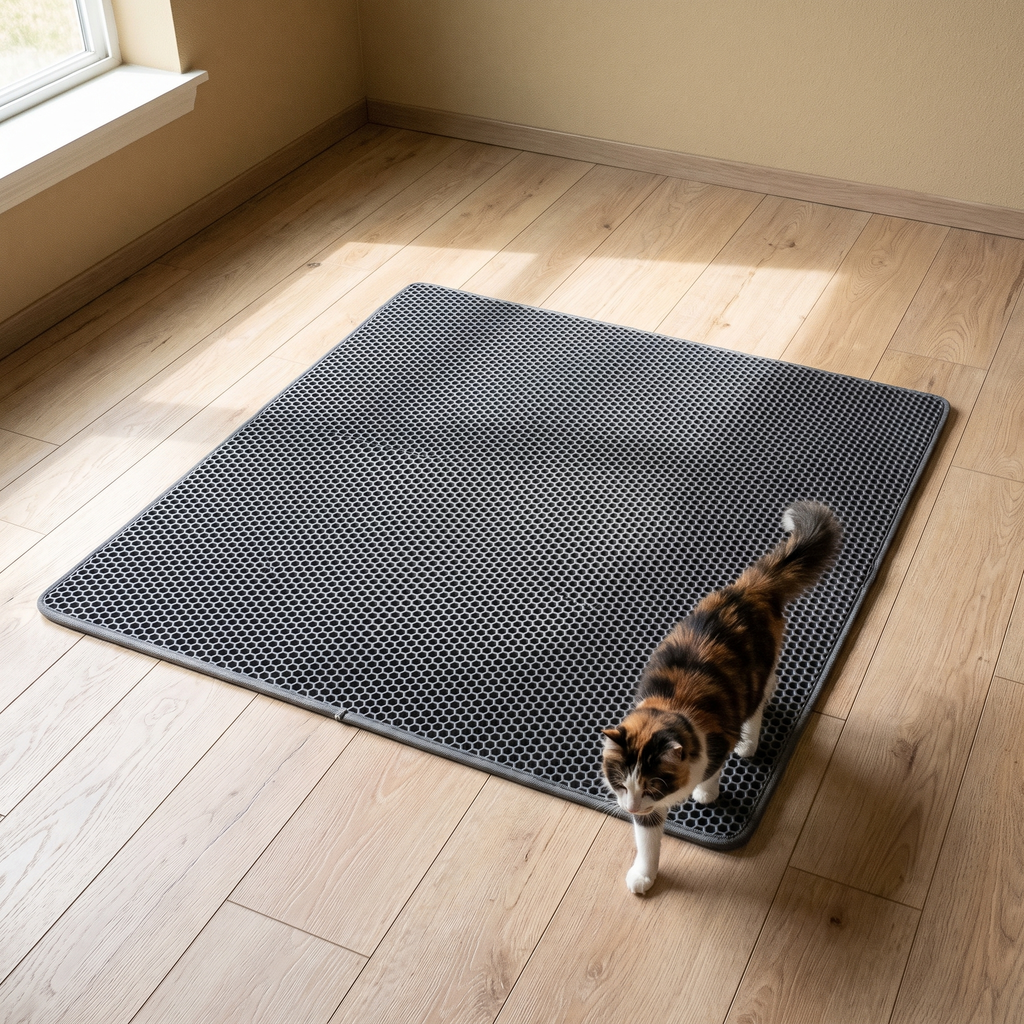 Waterproof honeycomb cat litter mat on a wood floor with a cat stepping off it - wrenwood hero