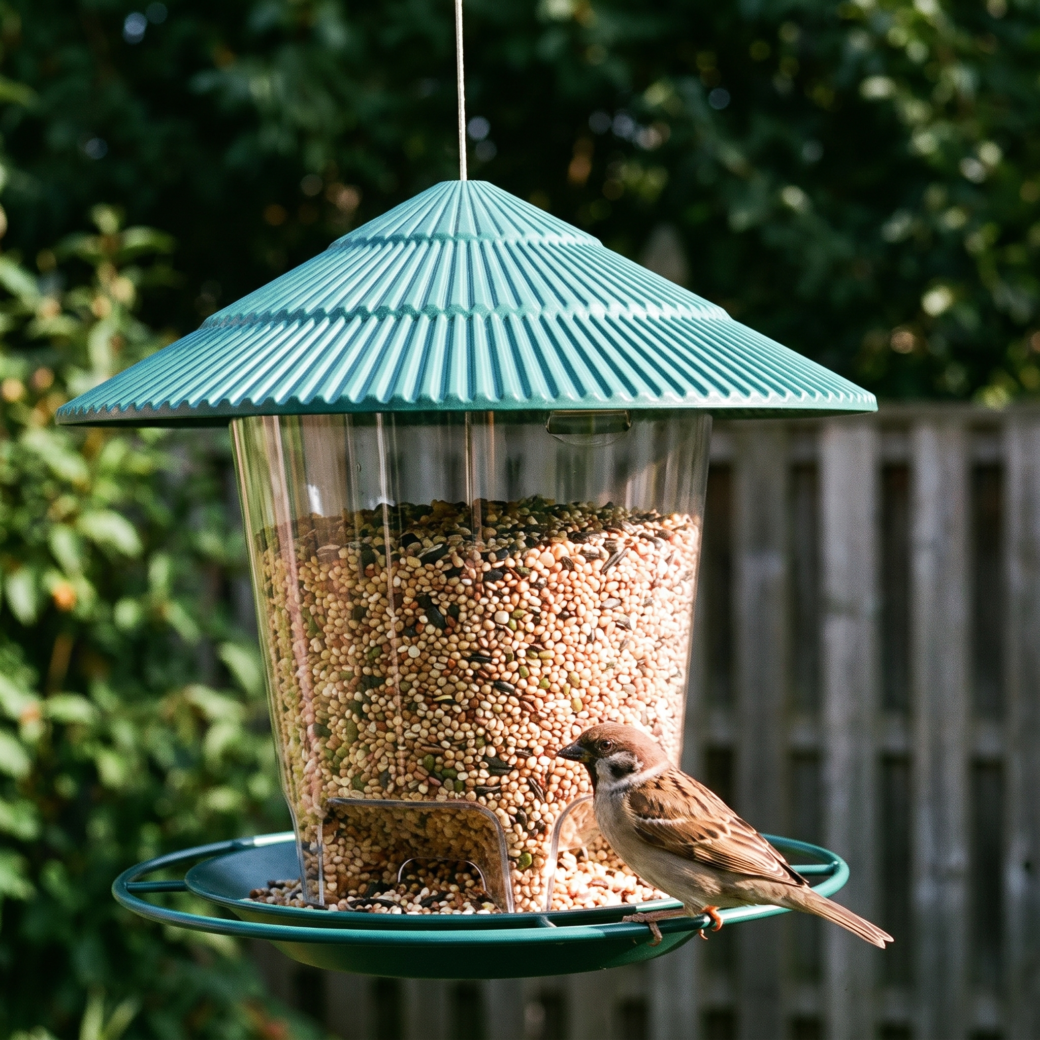 Hanging metal garden bird feeder with a sparrow on the tray - wrenwood hero