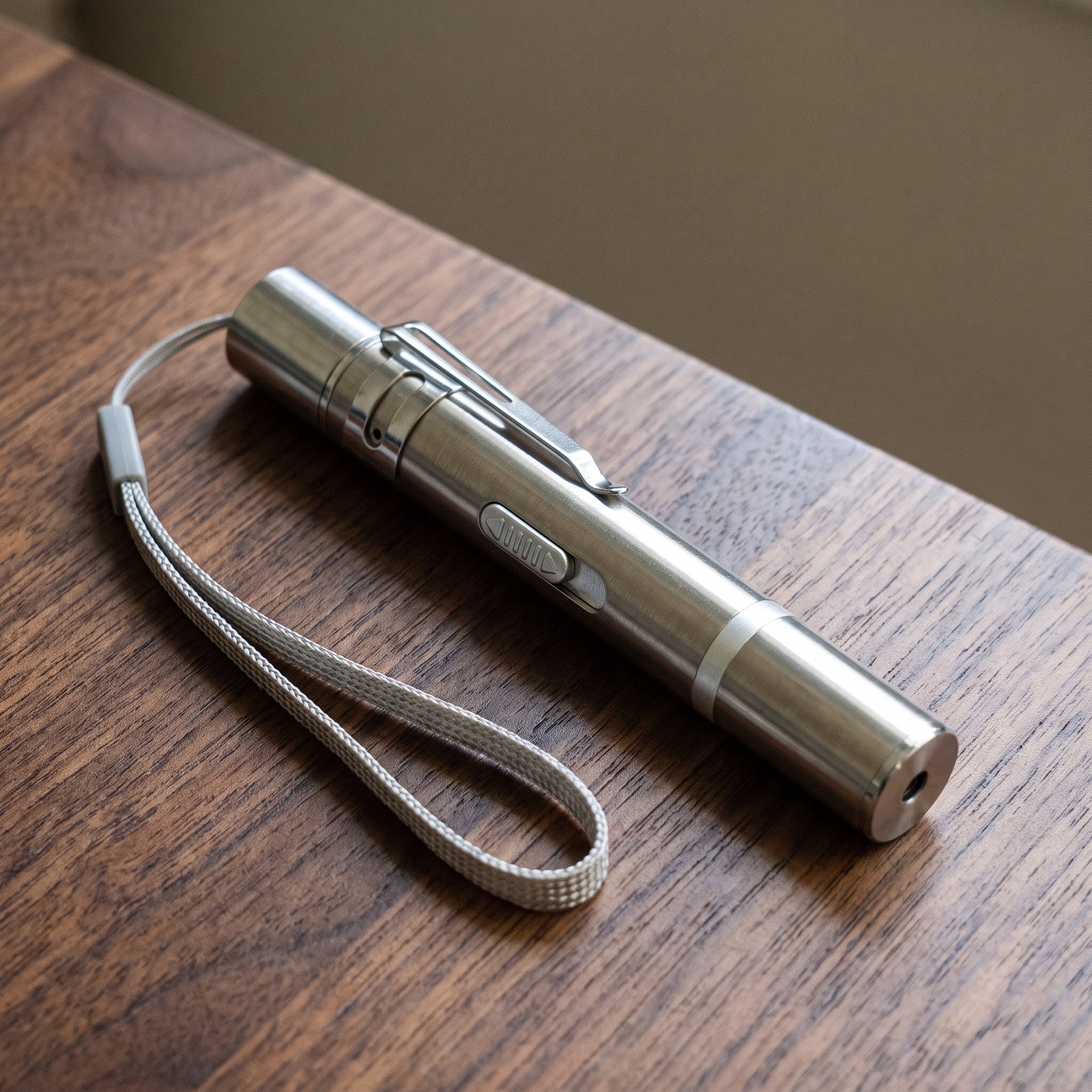 Silver handheld laser cat toy pointer with wrist lanyard on a wood table - wrenwood hero