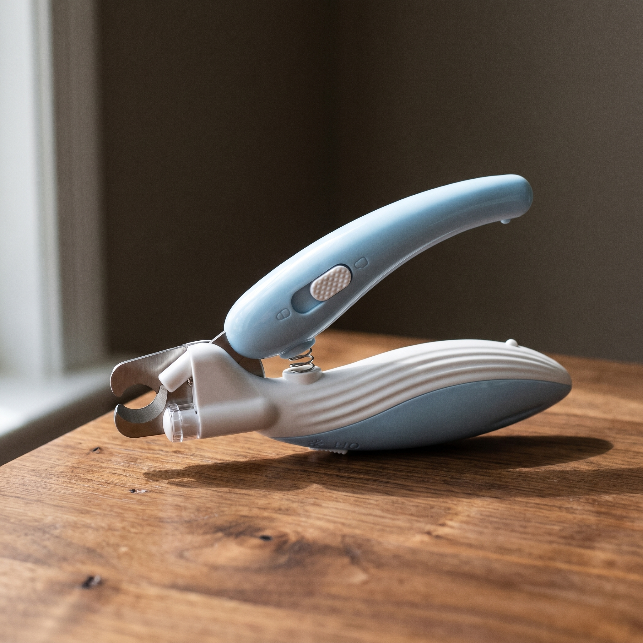 LED pet nail clippers resting on a wooden table - wrenwood hero