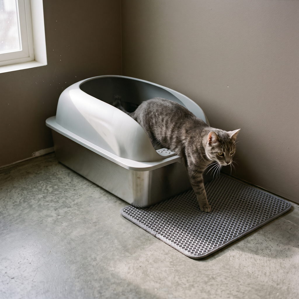 Stainless steel cat litter box with mat and a tabby cat stepping out - wrenwood hero