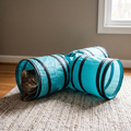 Turquoise 3-way collapsible cat tunnel with a tabby cat inside - wrenwood hero