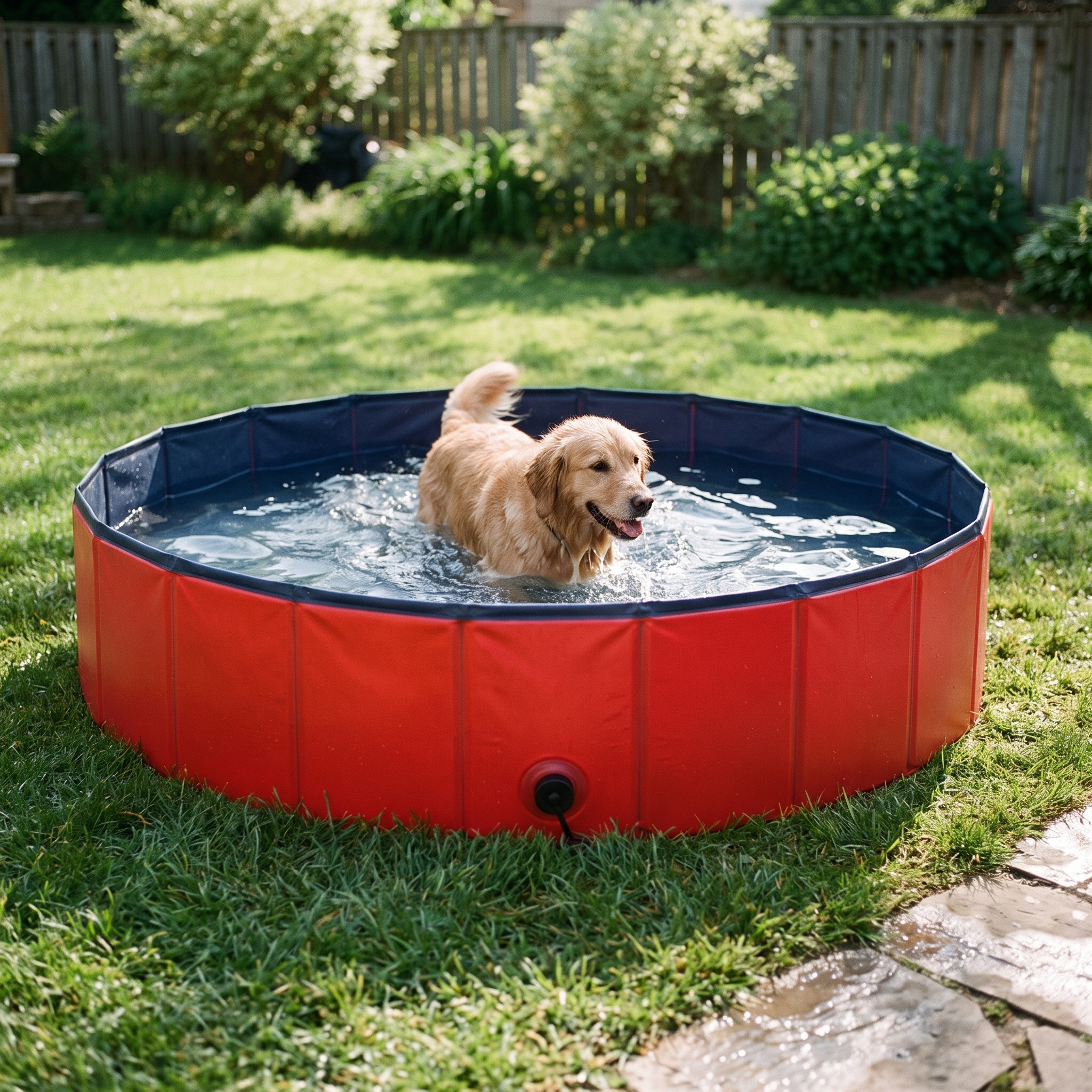Red foldable dog pool on a shaded lawn with a golden retriever splashing inside - wrenwood hero