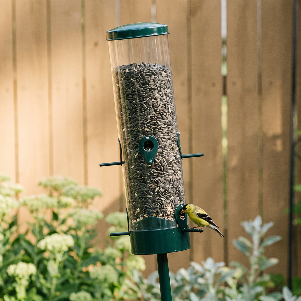Squirrel proof metal tube bird feeder full of seed in a garden with a goldfinch feeding - wrenwood hero