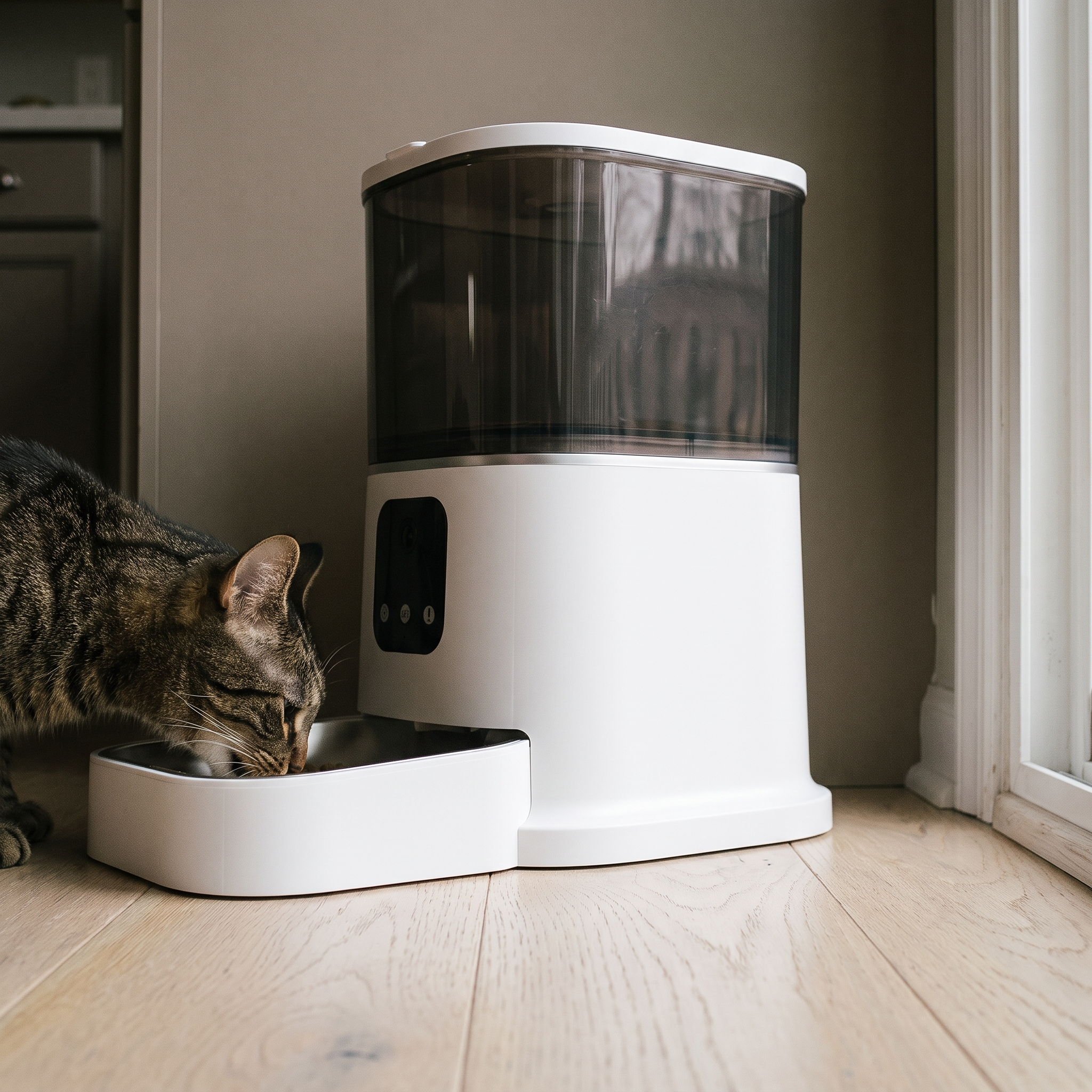 Smart automatic pet feeder in a kitchen with a cat eating from the bowl - wrenwood hero