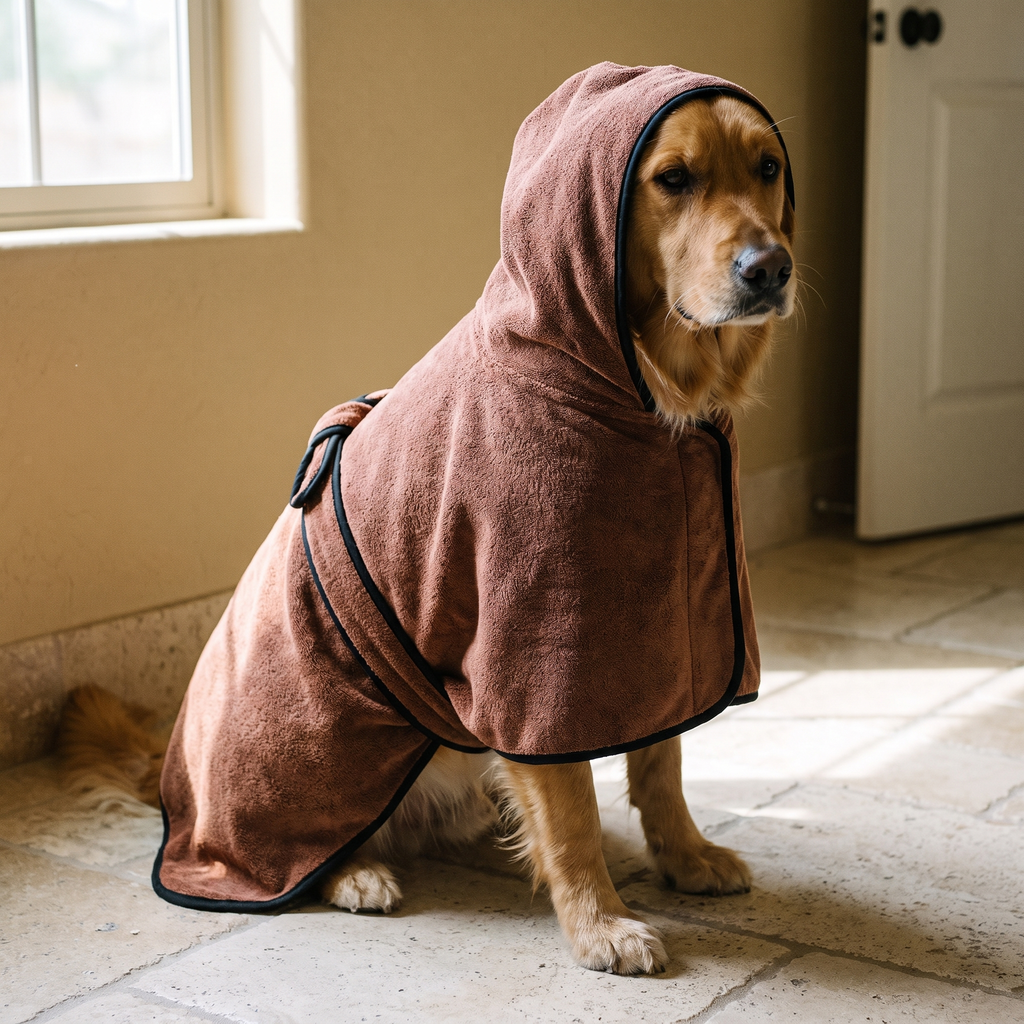 Brown microfiber pet drying towel wrap worn by a golden retriever - wrenwood hero
