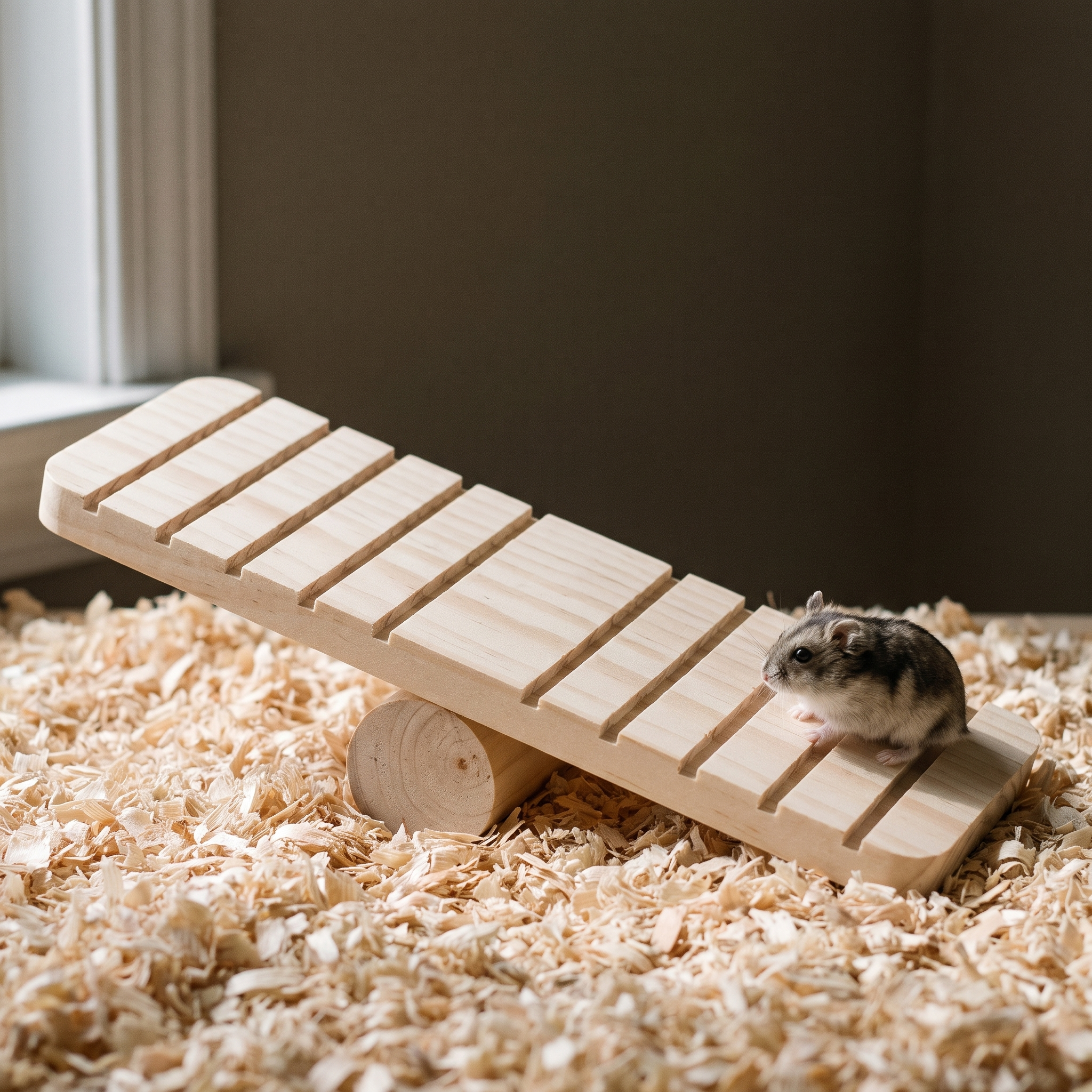 Wooden hamster seesaw toy with a dwarf hamster on the plank - wrenwood hero