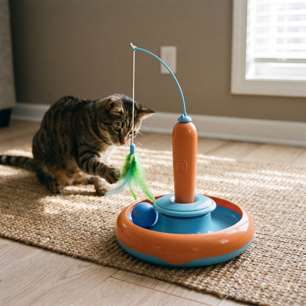 Interactive cat turntable toy with spinning feather teaser and track ball, cat playing behind - wrenwood hero