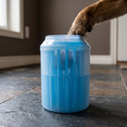 Blue silicone dog paw cleaner cup with a dog paw dipped inside - wrenwood hero