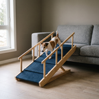 Foldable wooden pet ramp with navy non slip tread set up to a sofa with a small dog walking down - wrenwood hero
