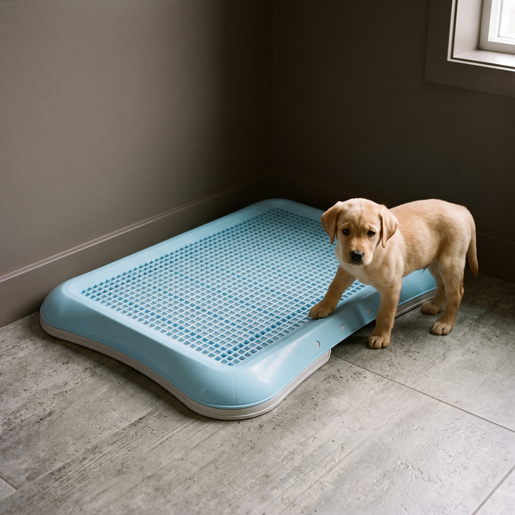 Pale blue puppy potty training tray with mesh grate and a labrador puppy beside it - wrenwood hero