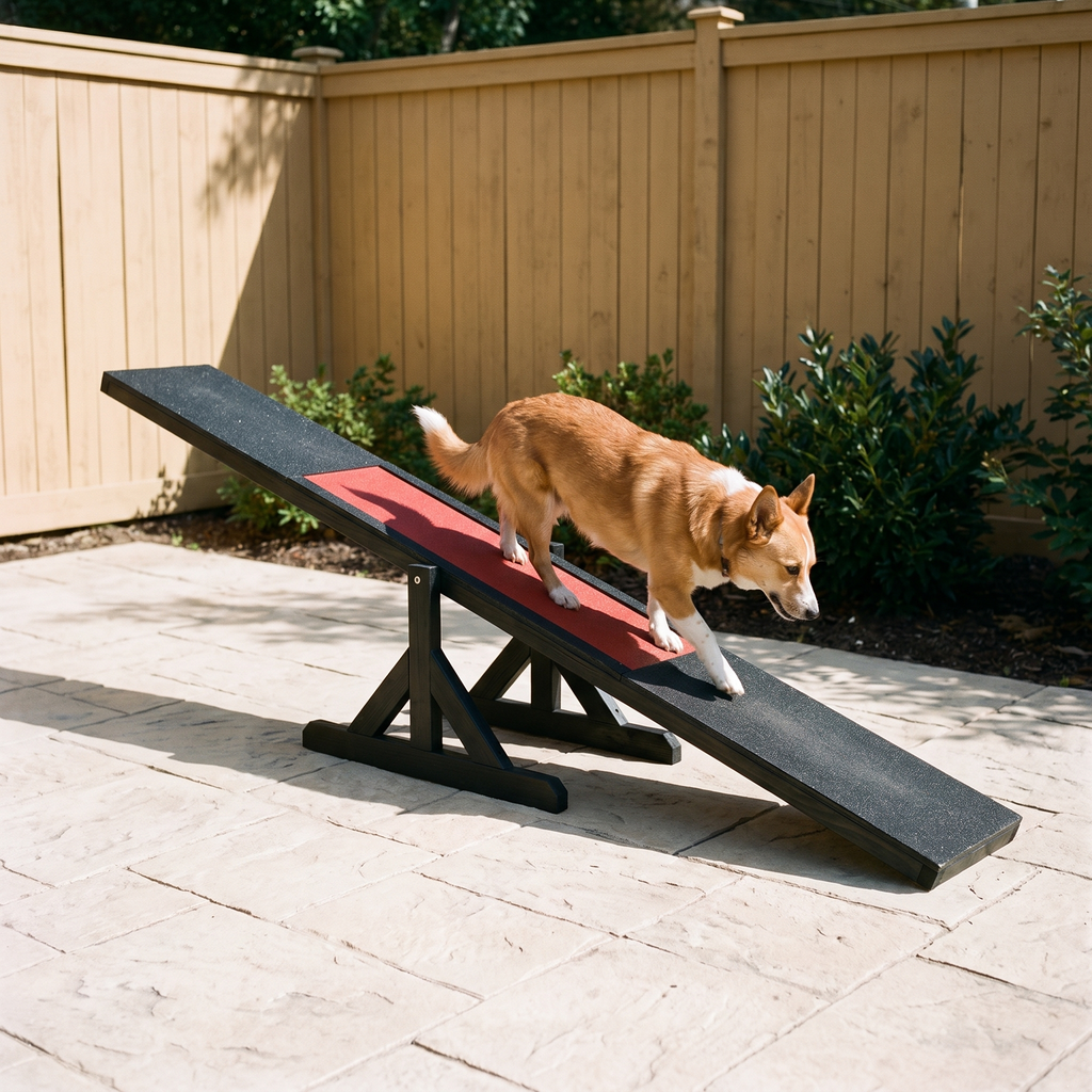 Black wooden dog agility seesaw on a backyard patio with a dog walking across it - wrenwood hero