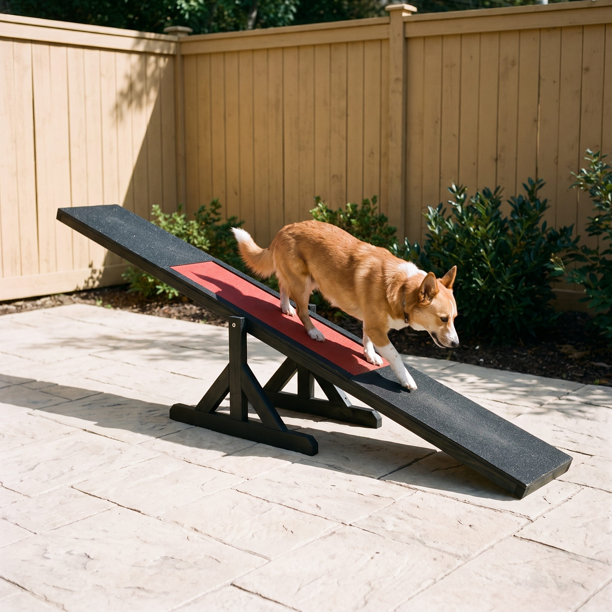 Black wooden dog agility seesaw on a backyard patio with a dog walking across it - wrenwood hero