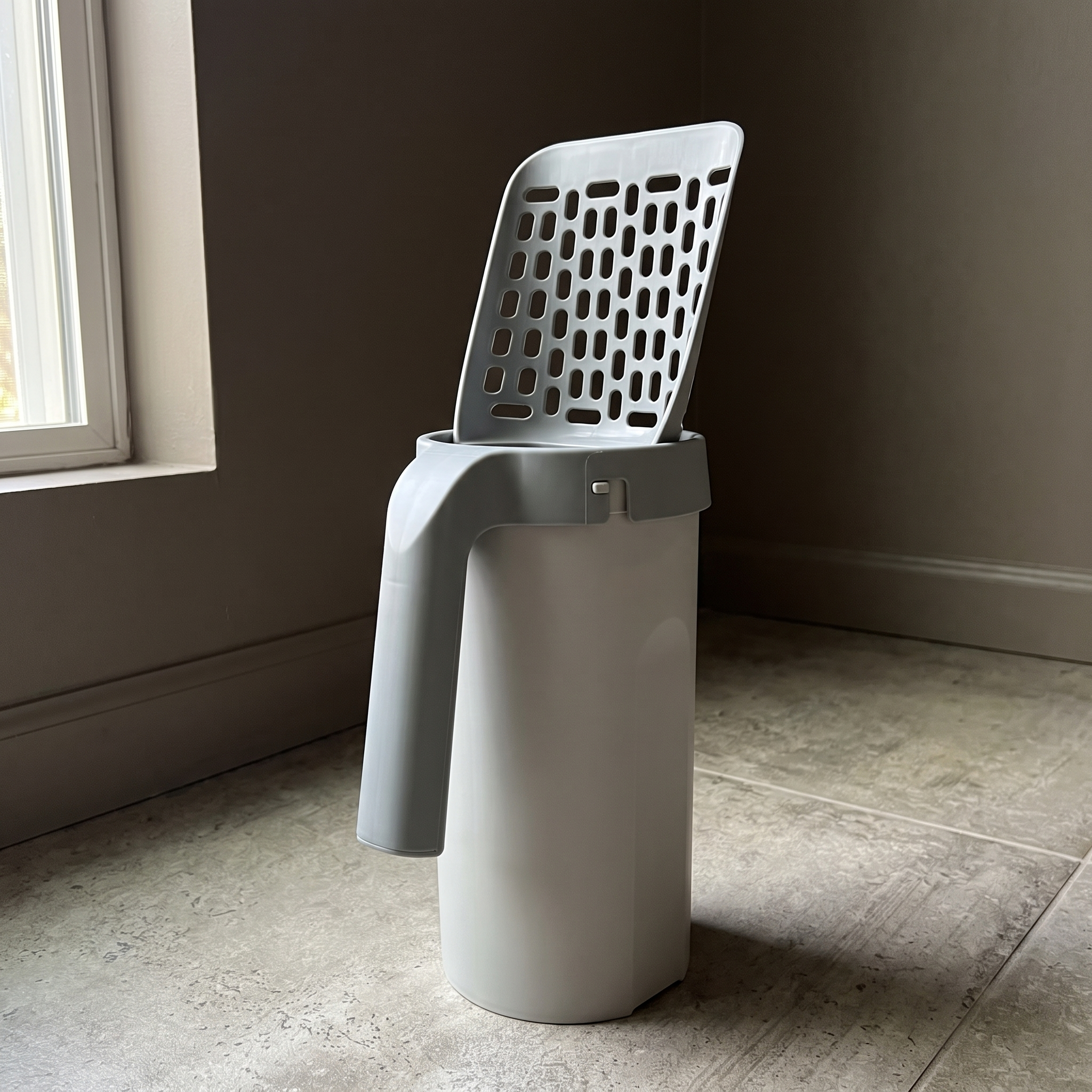 Cat litter scoop seated in its storage caddy on a tiled floor - wrenwood hero