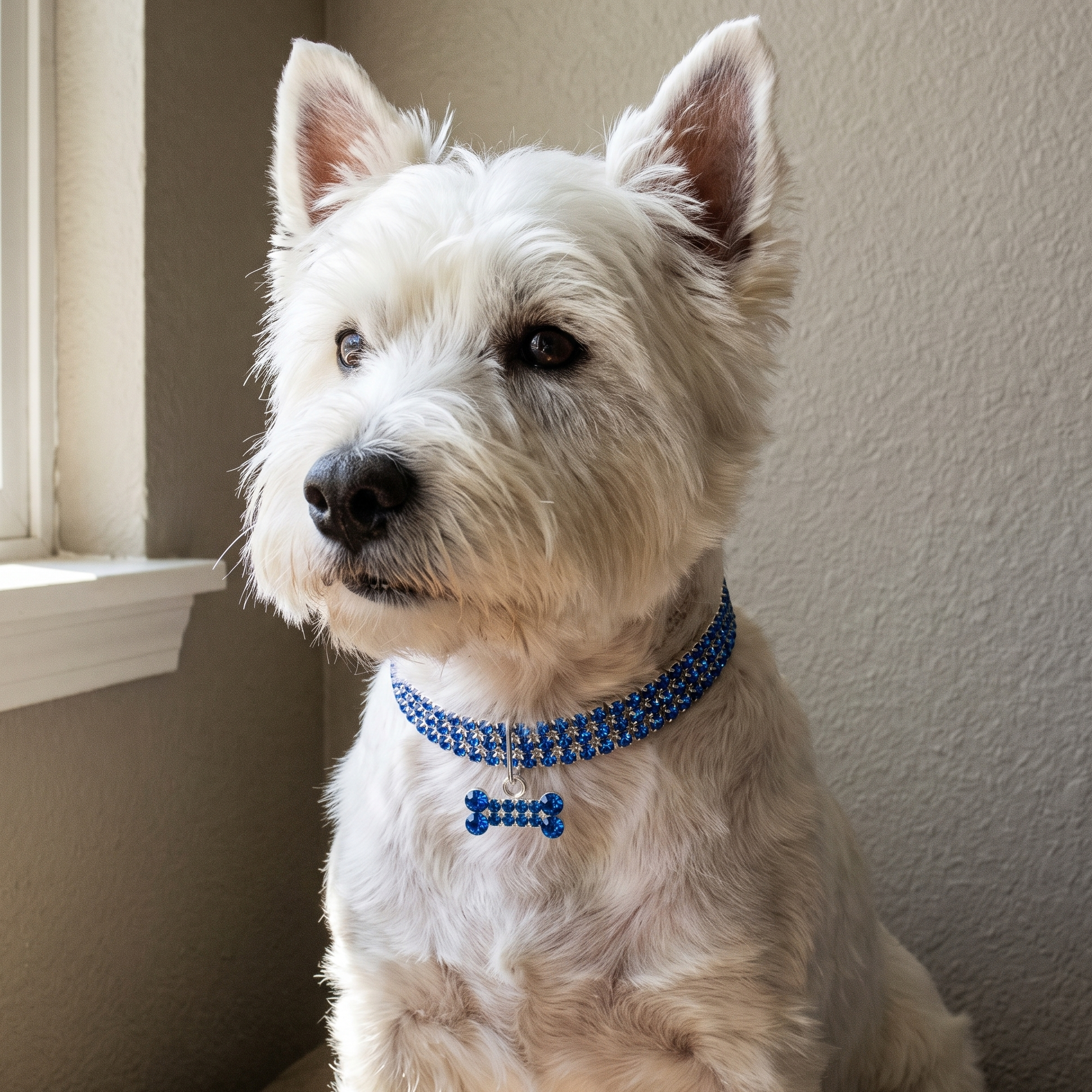 White terrier wearing the blue crystal dog necklace with bone charm - wrenwood hero