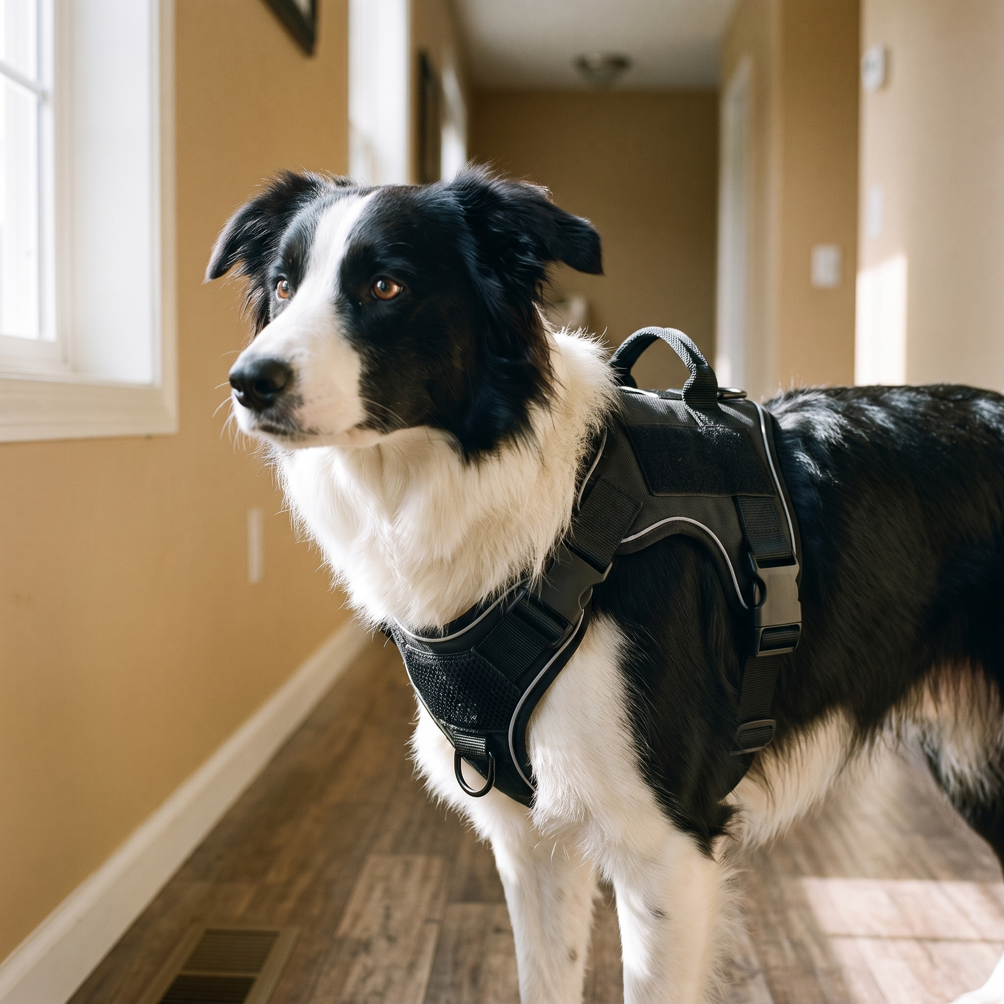 Border collie wearing the black reflective no-pull dog harness with handle - wrenwood hero