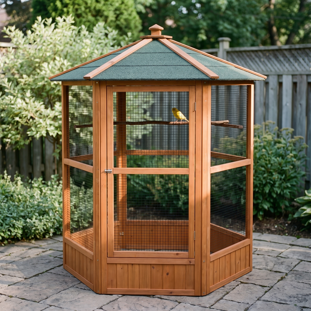 Hexagonal wooden flight bird aviary on a garden patio with a canary perched inside - wrenwood hero