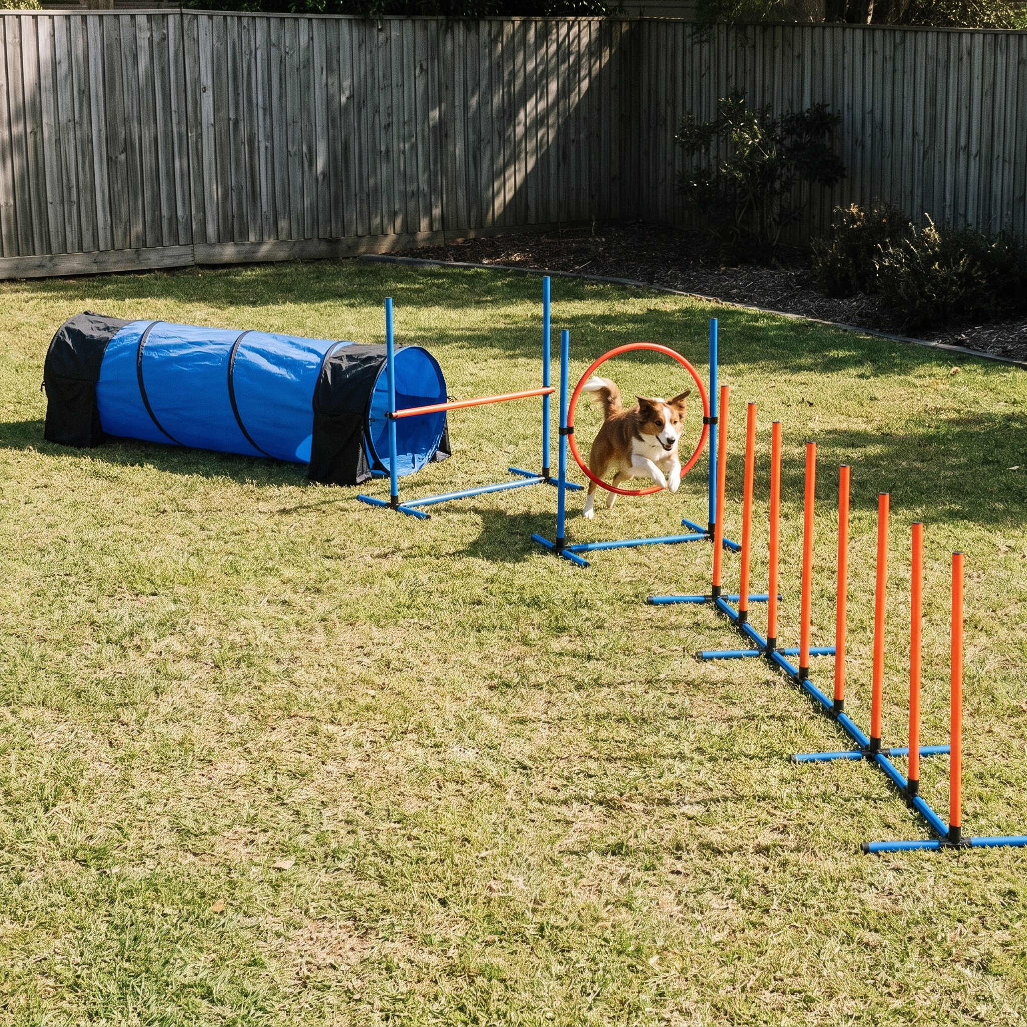 Seven piece dog agility course set with tunnel, jump ring and weave poles on a backyard lawn - wrenwood hero