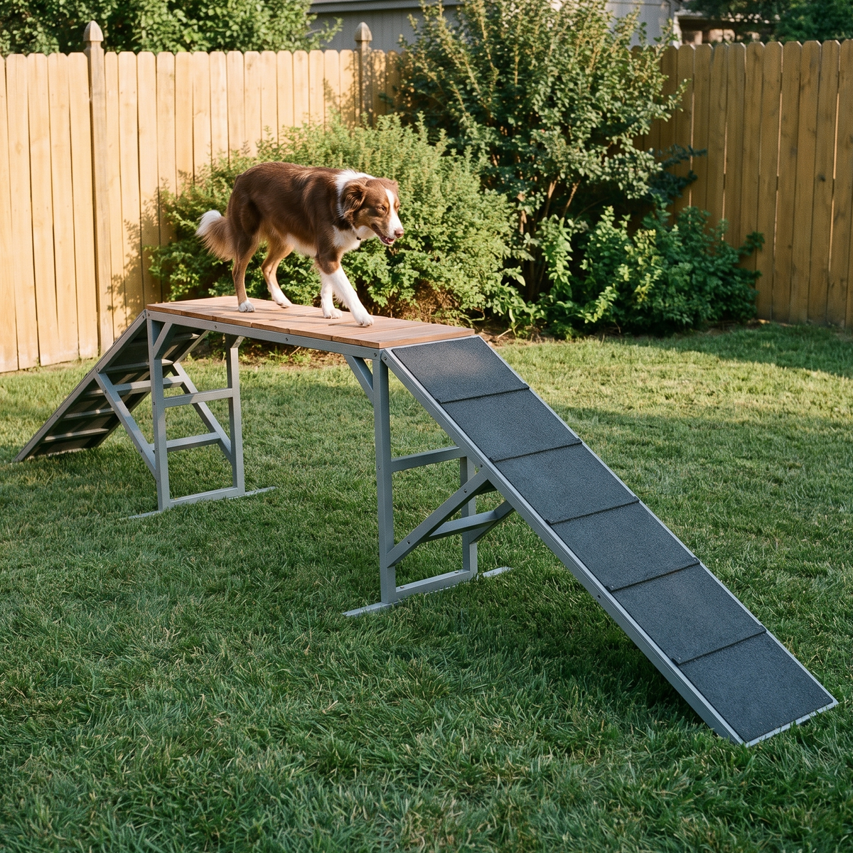 Gray dog agility walk and pause ramp on a backyard lawn with a dog crossing the platform - wrenwood hero