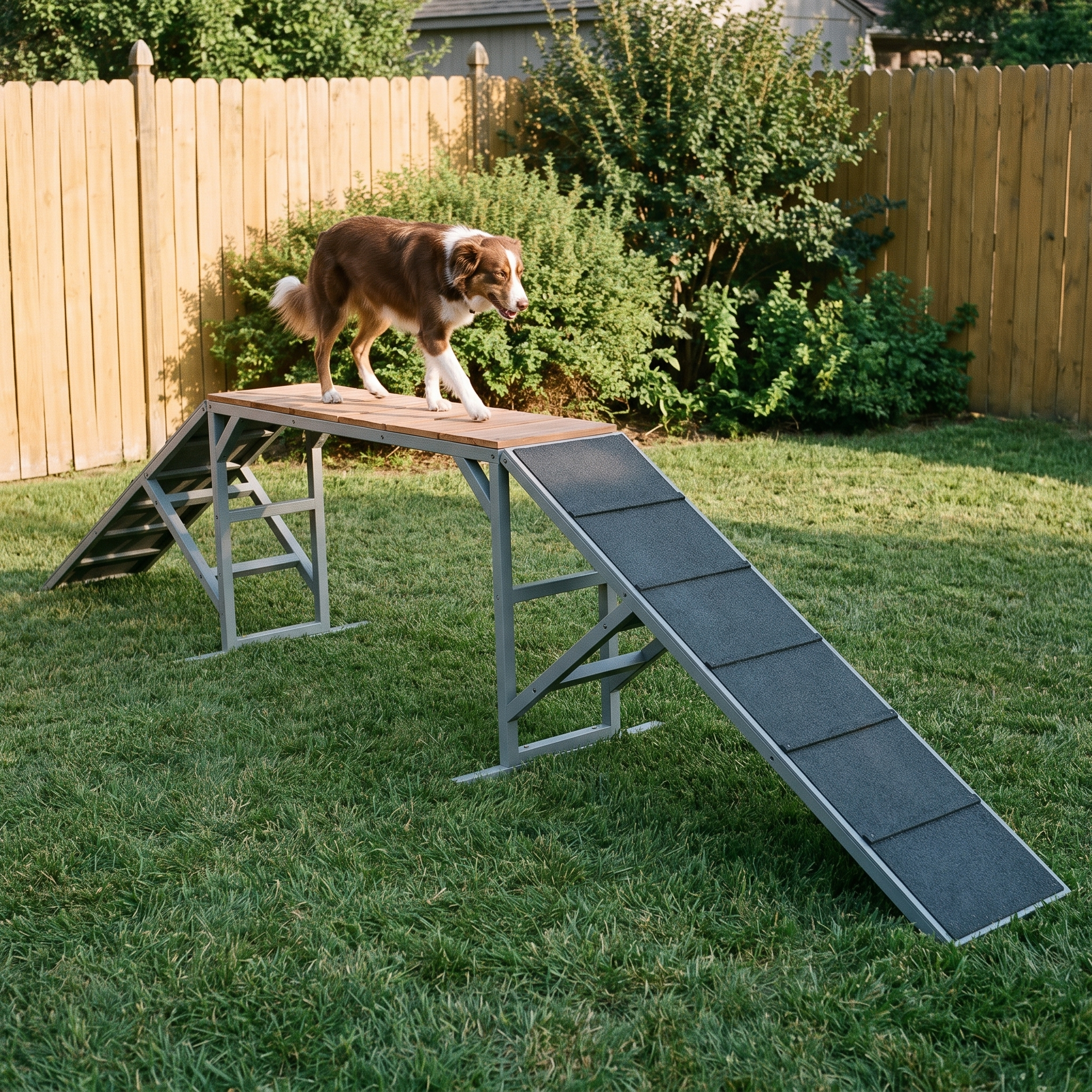 Grey dog agility walk and pause ramp on a backyard lawn with a dog crossing the platform - wrenwood hero