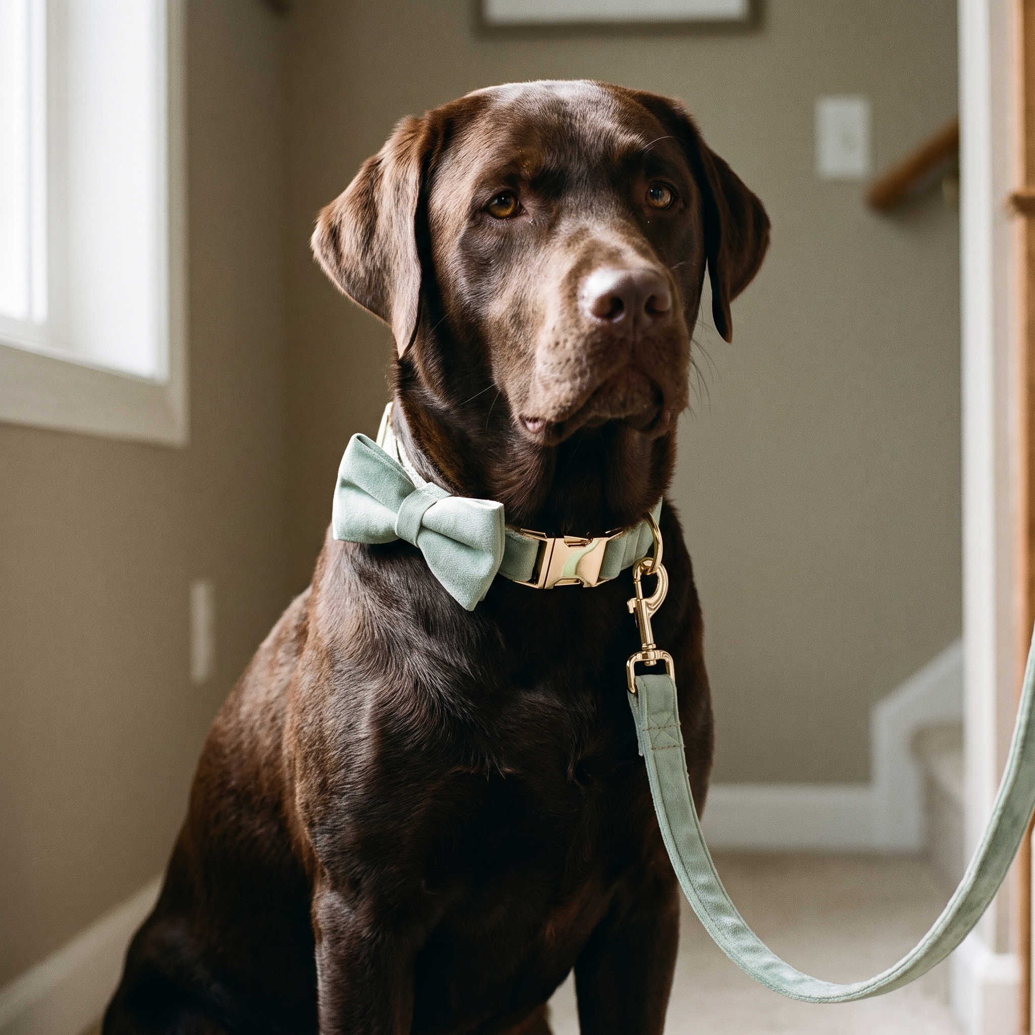 Chocolate labrador wearing the mint-green velvet bow collar with matching leash - wrenwood hero