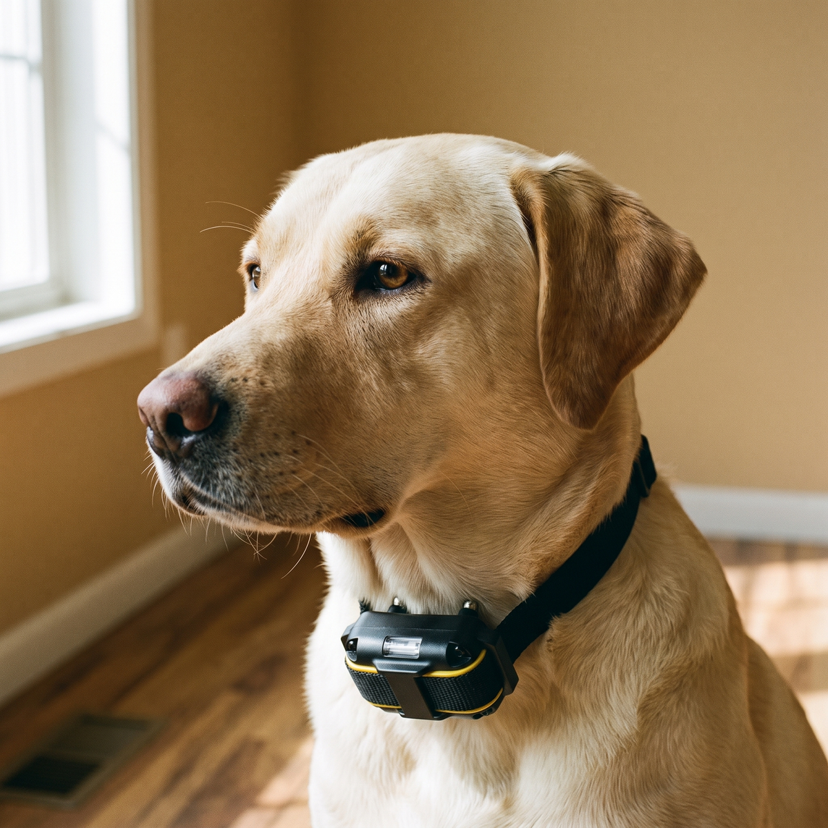 Labrador wearing the remote training collar with its receiver box - wrenwood hero