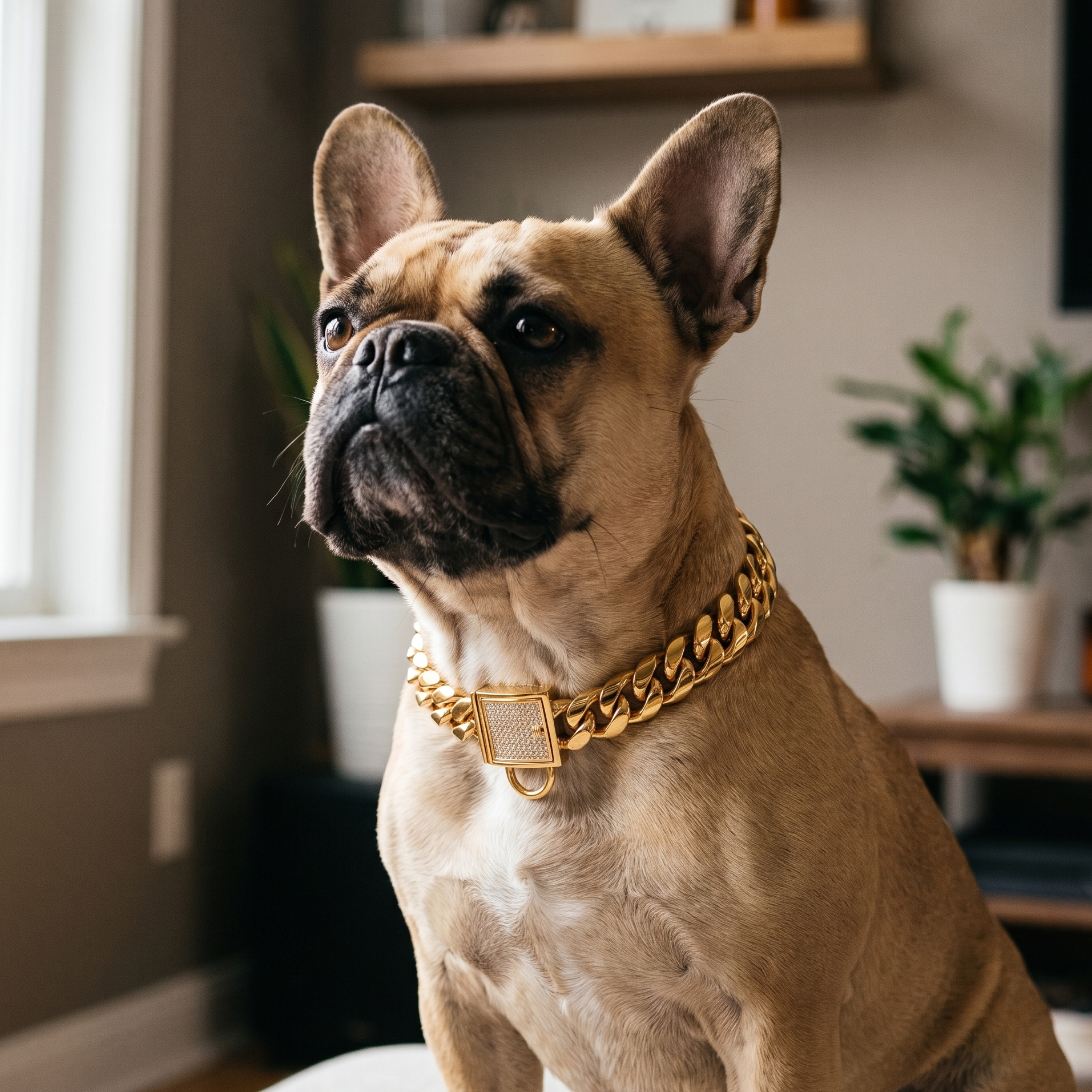 French bulldog wearing the gold Cuban-link stainless steel dog chain collar - wrenwood hero