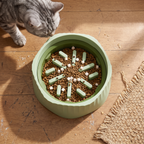 Top-down slow feeder bowl with tabby cat on kitchen floor - wrenwood hero v2