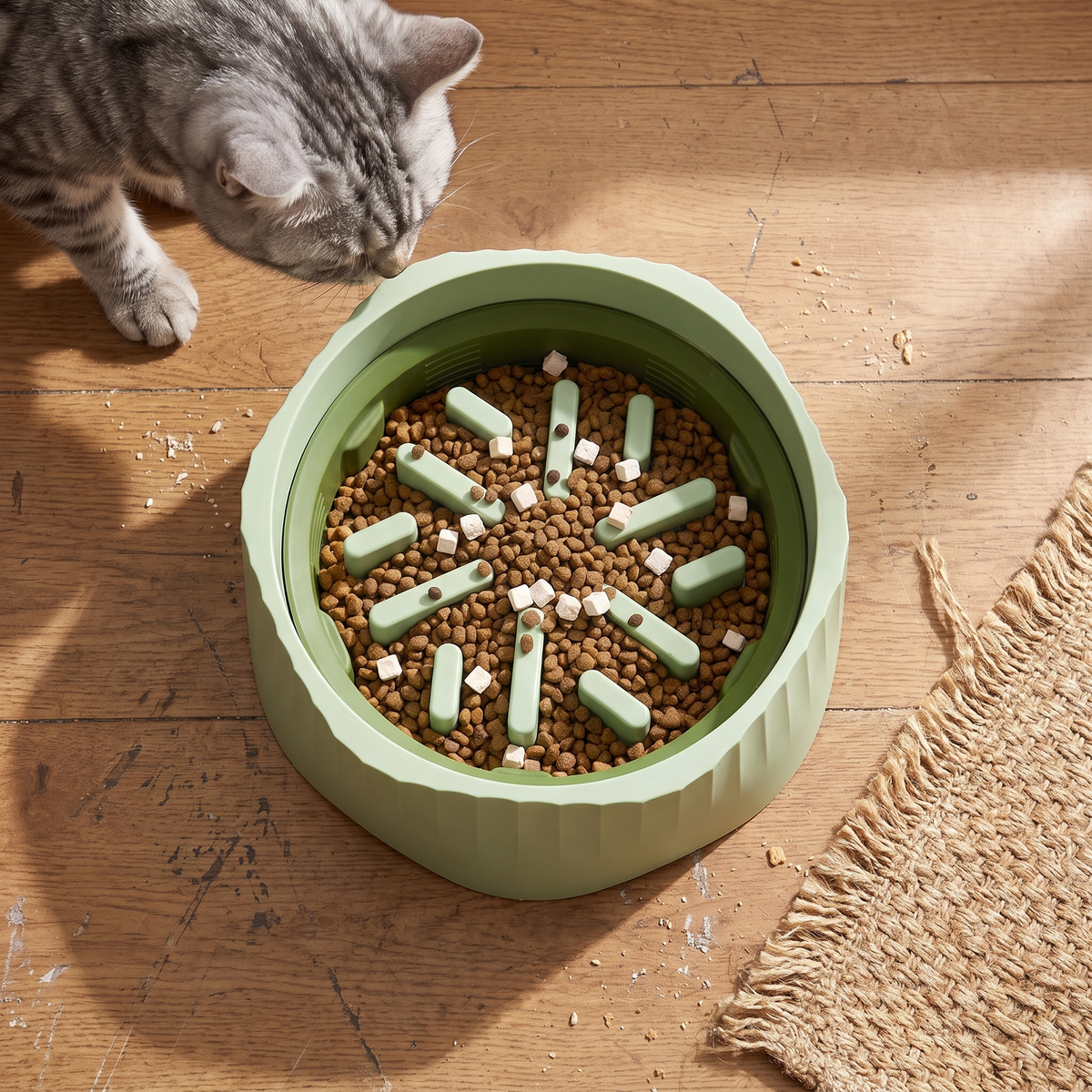 Top-down slow feeder bowl with tabby cat on kitchen floor - wrenwood hero v2
