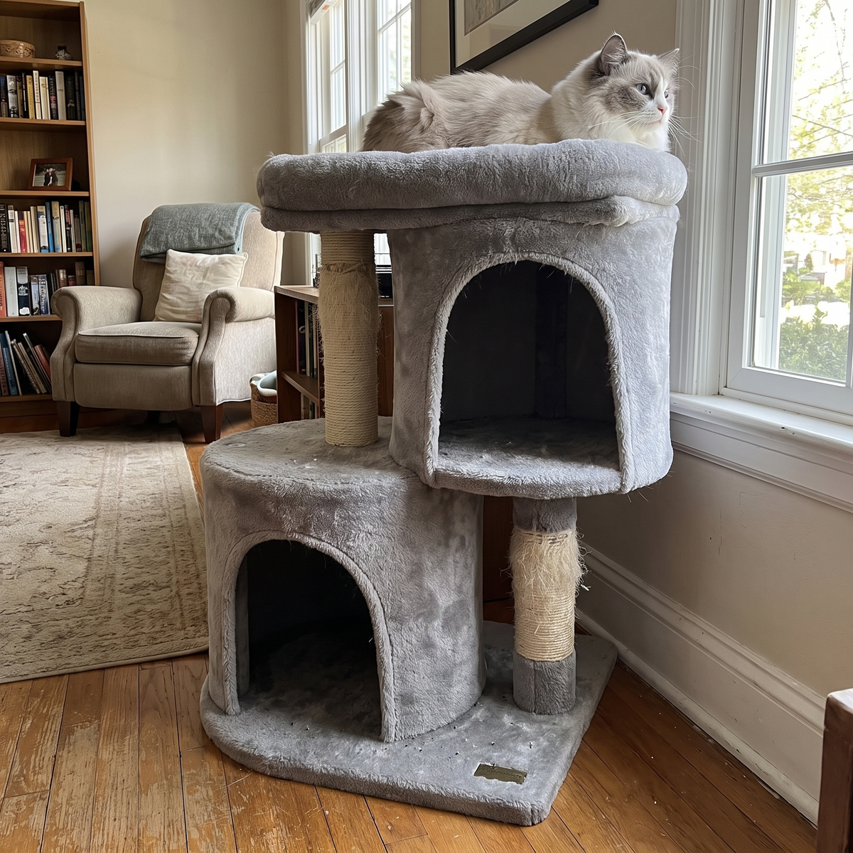 Compact gray cat tree in a living room corner with cat perched on top - wrenwood hero v2