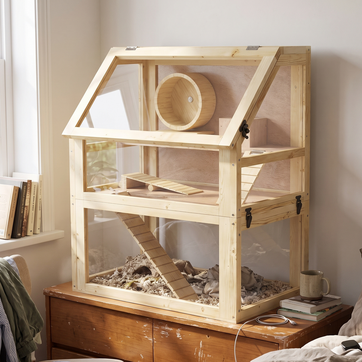 Three-tier wooden hamster cage on a bedroom dresser - wrenwood hero v2