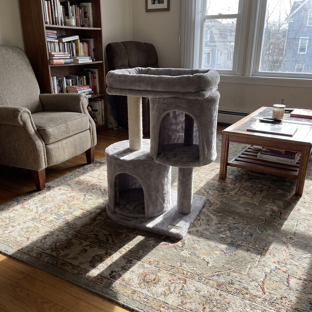 Compact cat tree alone in a sunny living room - wrenwood ugc lifestyle v2