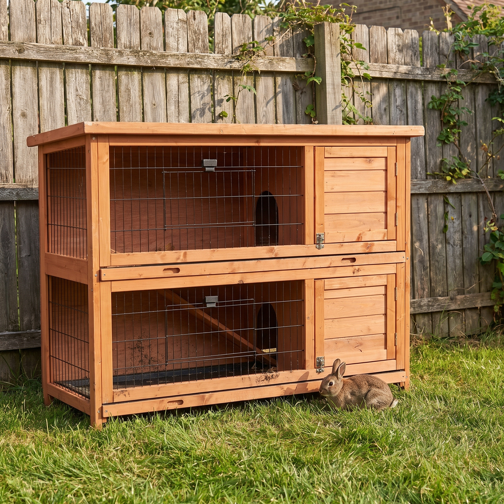 two-story wooden rabbit hutch on backyard grass - wrenwood hero v2