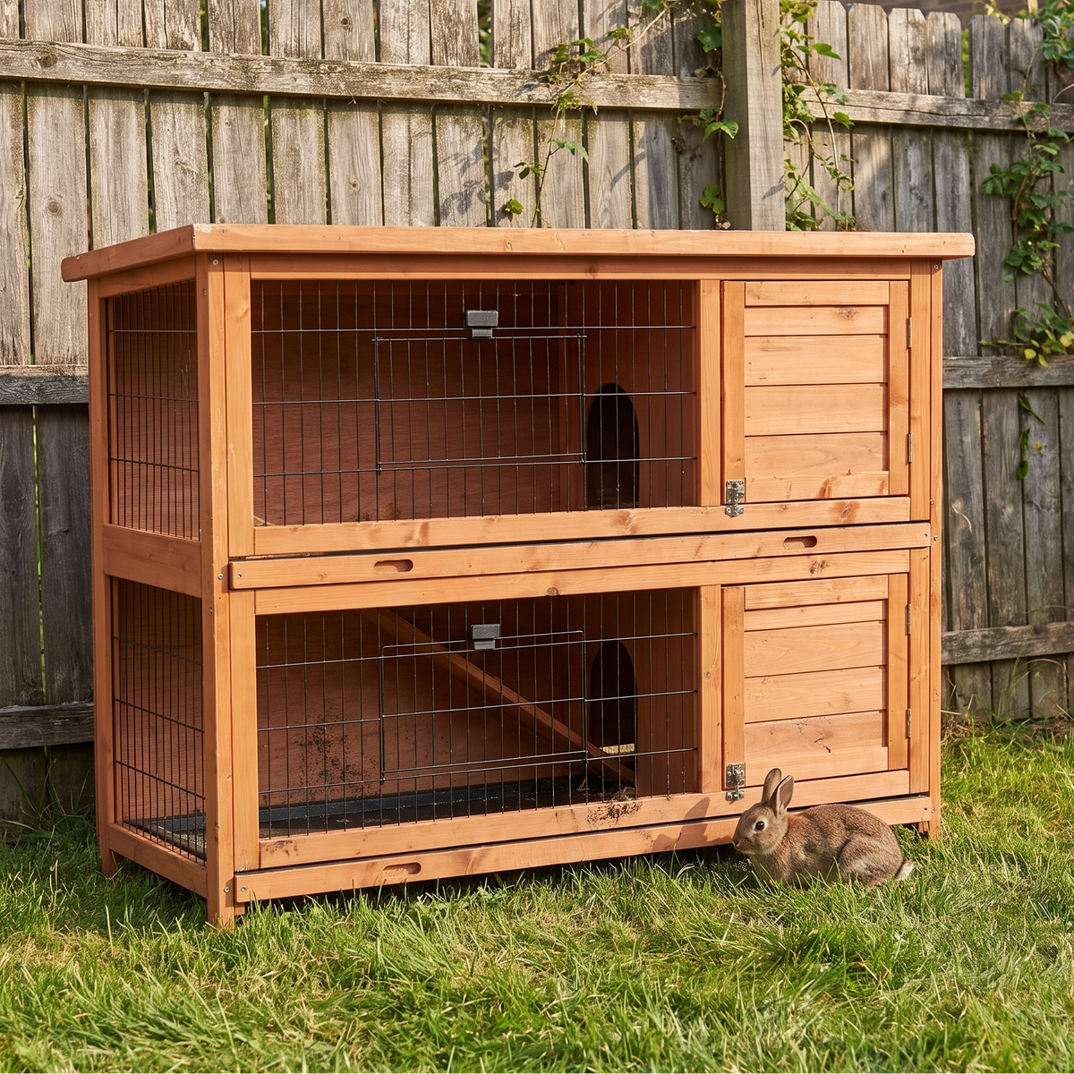 two-story wooden rabbit hutch on backyard grass - wrenwood hero v2