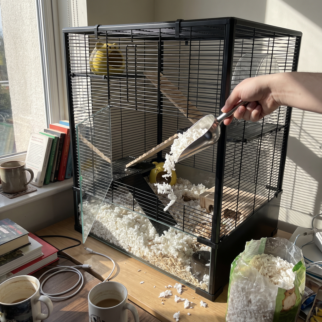 Hand topping up bedding through the glass door of the hamster cage - wrenwood ugc lifestyle v2