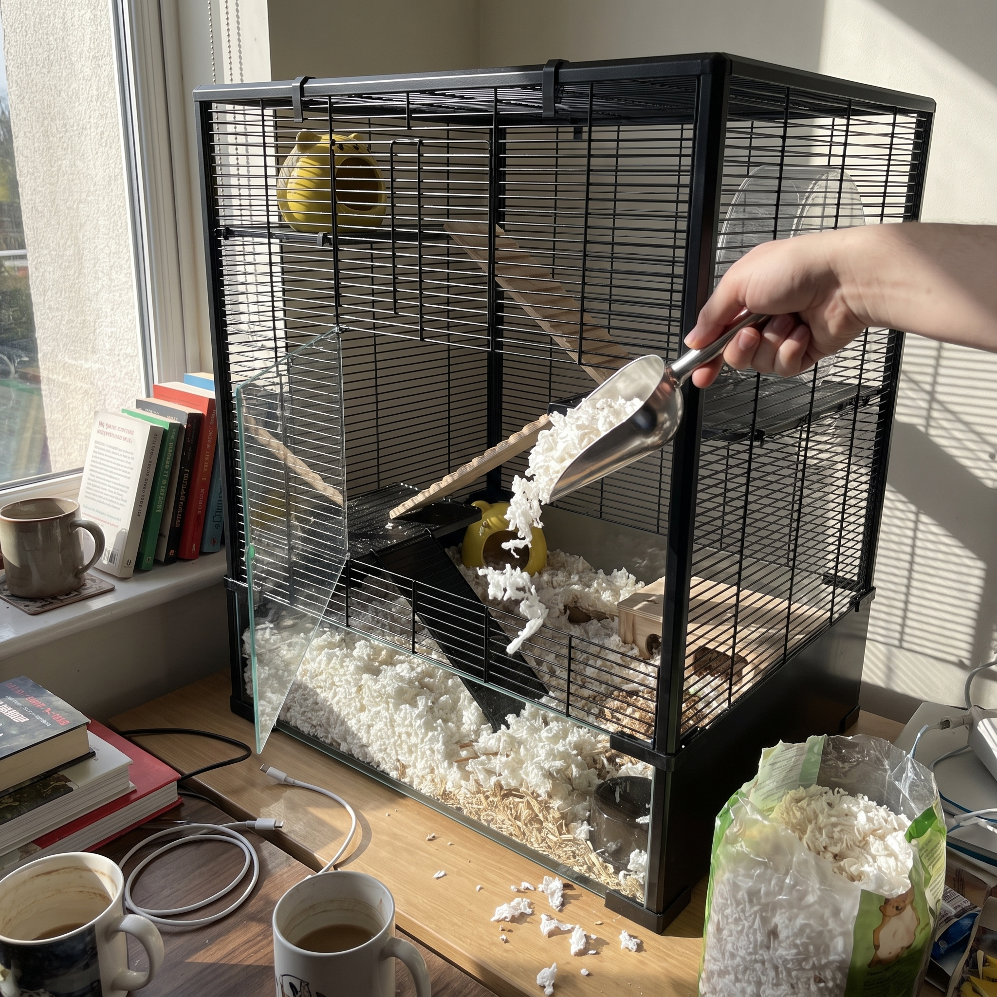 Hand topping up bedding through the glass door of the hamster cage - wrenwood ugc lifestyle v2