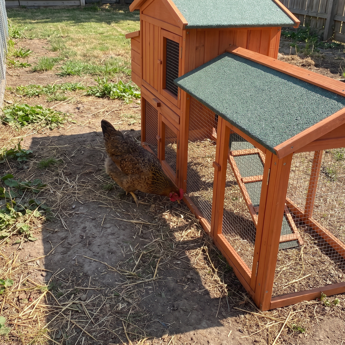 ground-level view of a hen by the chicken coop run - wrenwood ugc lifestyle v2