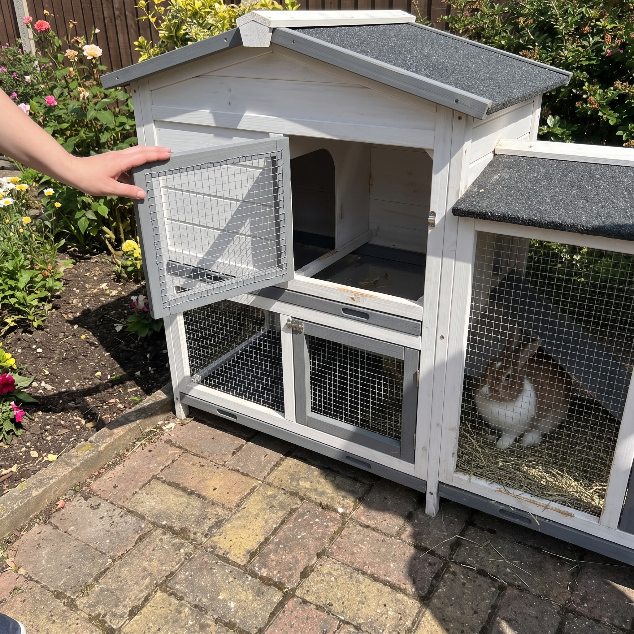 Hand on the open door of the white rabbit hutch on a patio - wrenwood ugc lifestyle v2