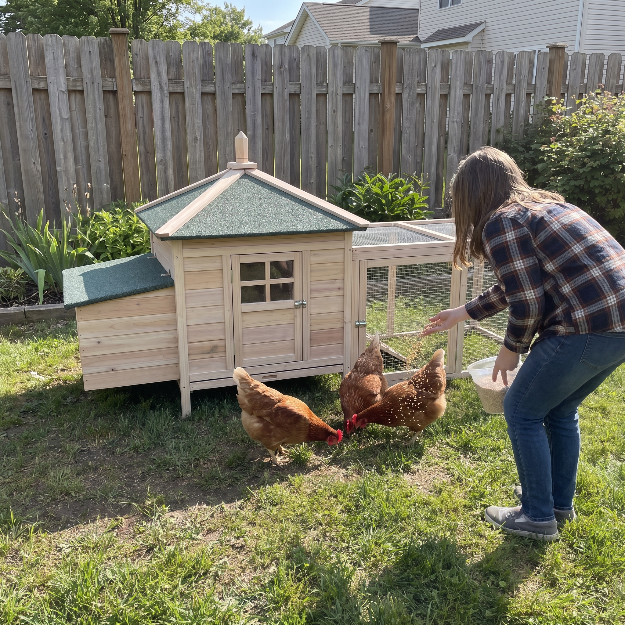 Family member feeding hens beside the wooden chicken coop - wrenwood ugc lifestyle v2