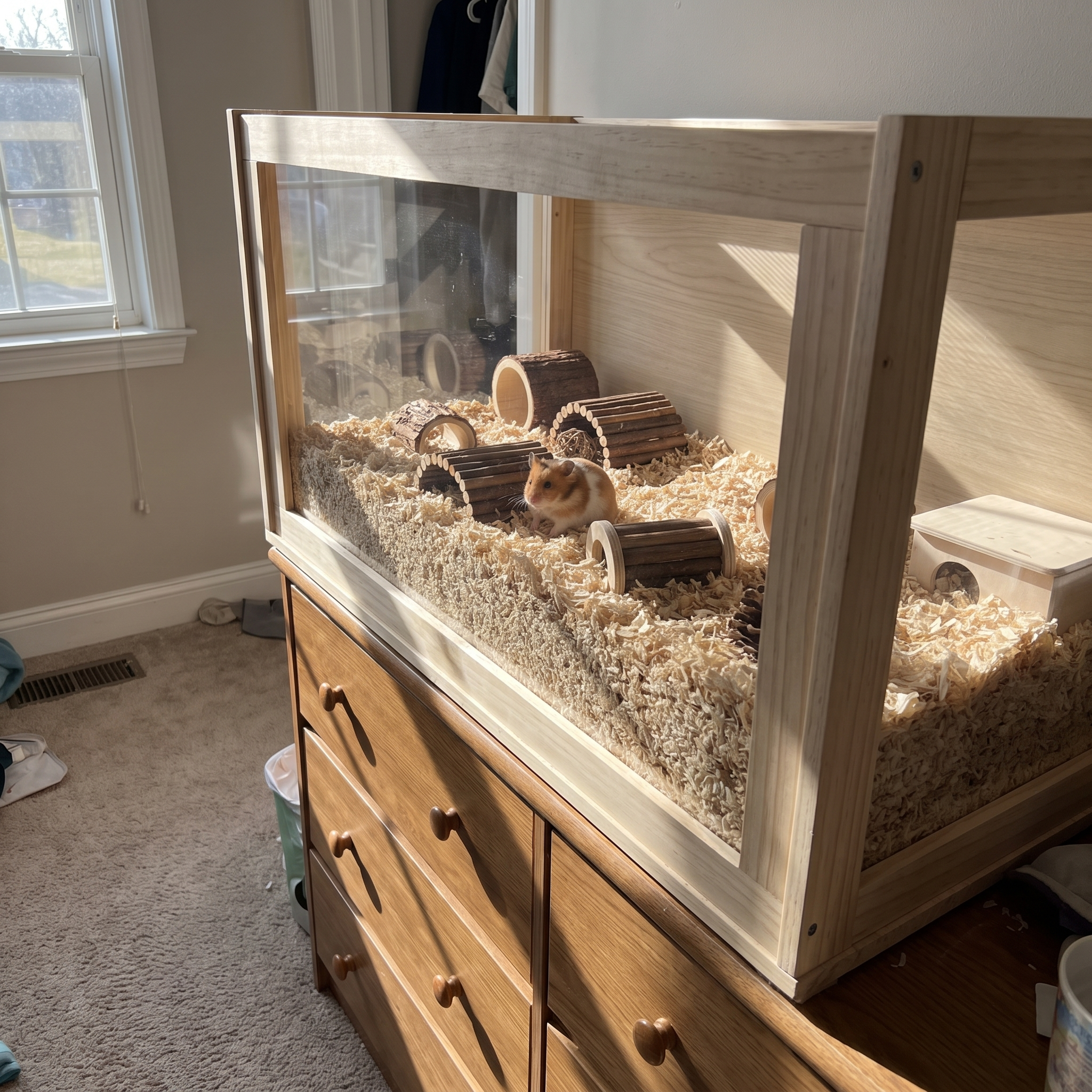 Low angle of the acrylic hamster cage on a bedroom dresser - wrenwood ugc lifestyle v2