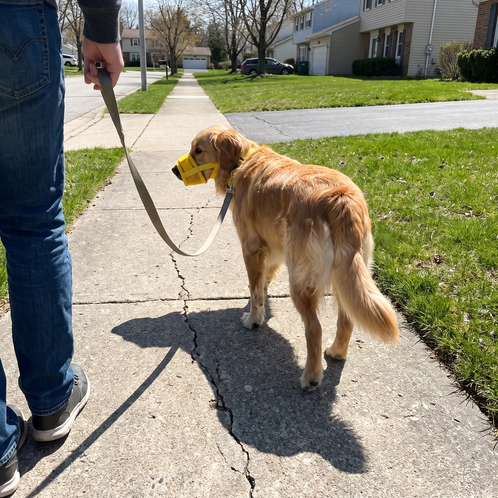 Dog wearing the mesh muzzle on a sidewalk walk - wrenwood ugc lifestyle v2