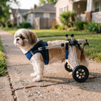 Small dog in the rear-support wheelchair on a neighborhood sidewalk - wrenwood hero v2