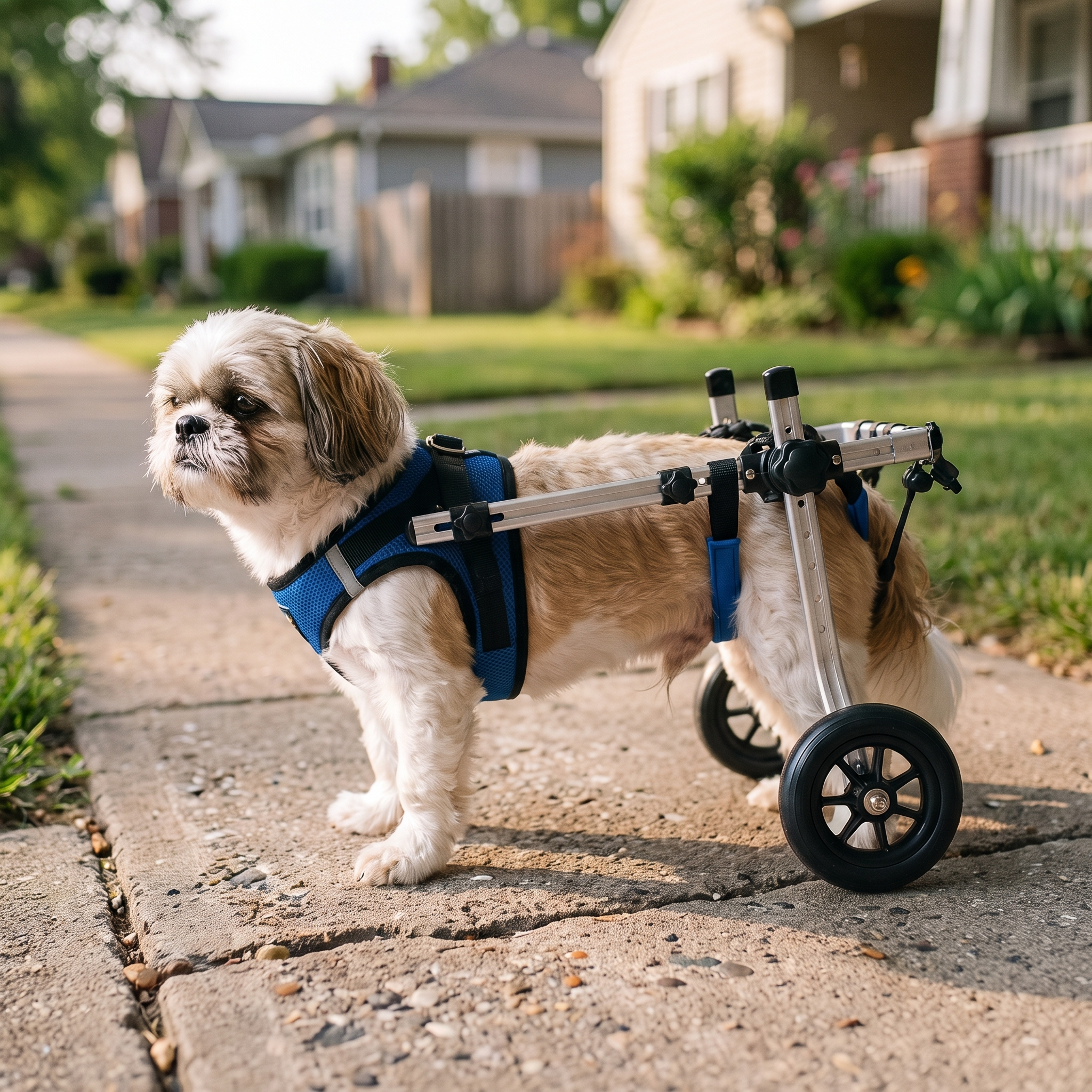Small dog in the rear-support wheelchair on a neighborhood sidewalk - wrenwood hero v2