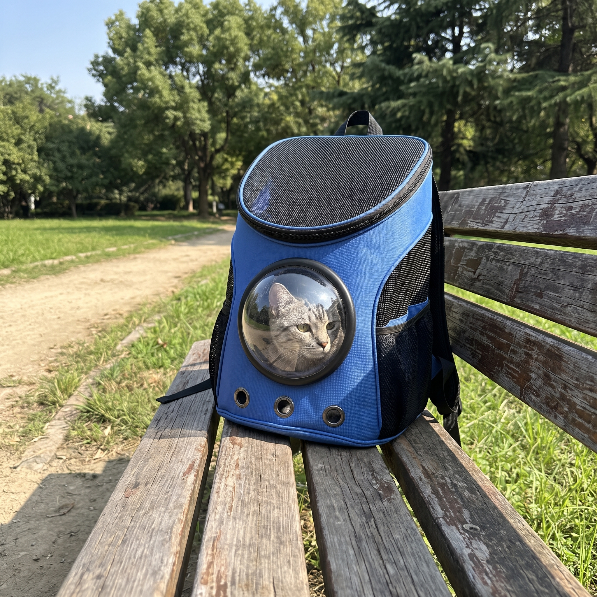 Cat in the blue astronaut bubble backpack on a park bench - wrenwood ugc lifestyle v2