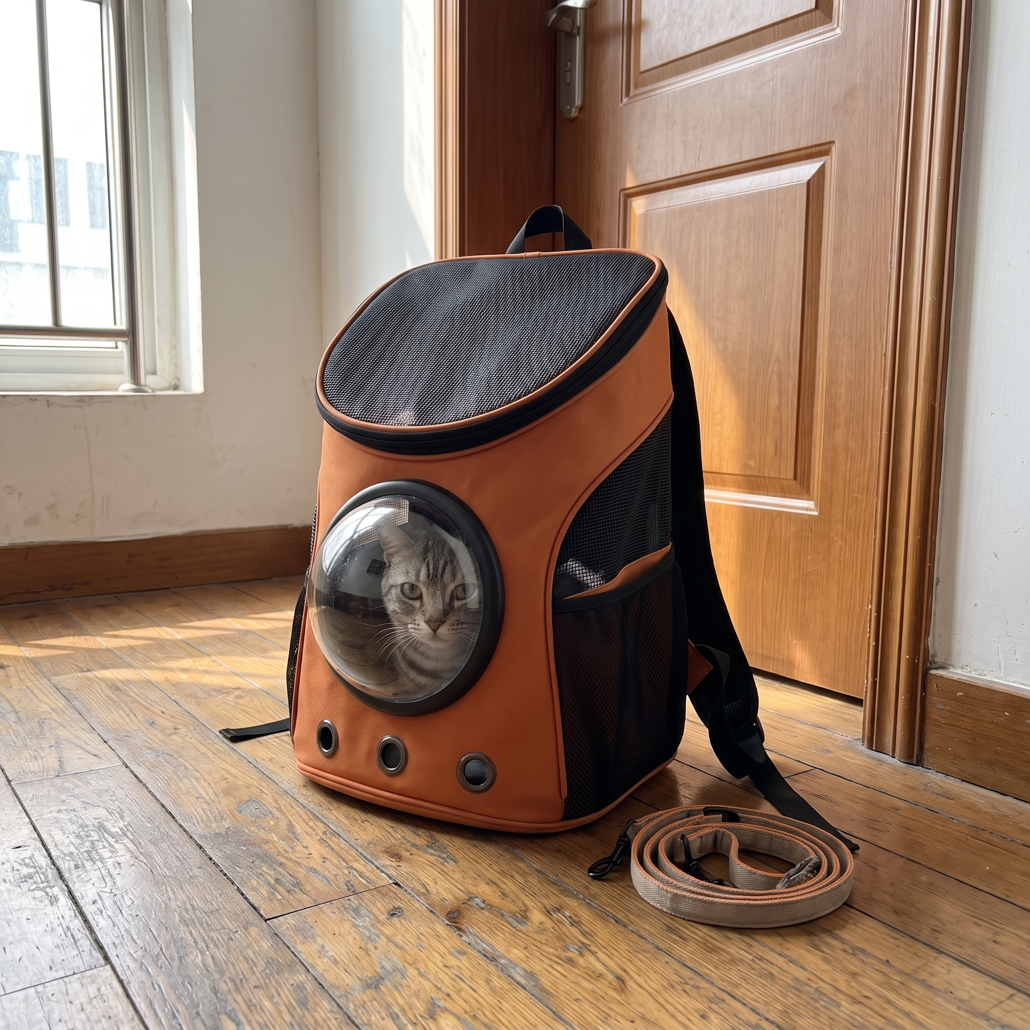 Cat in the orange astronaut bubble backpack by the front door - wrenwood ugc lifestyle v2