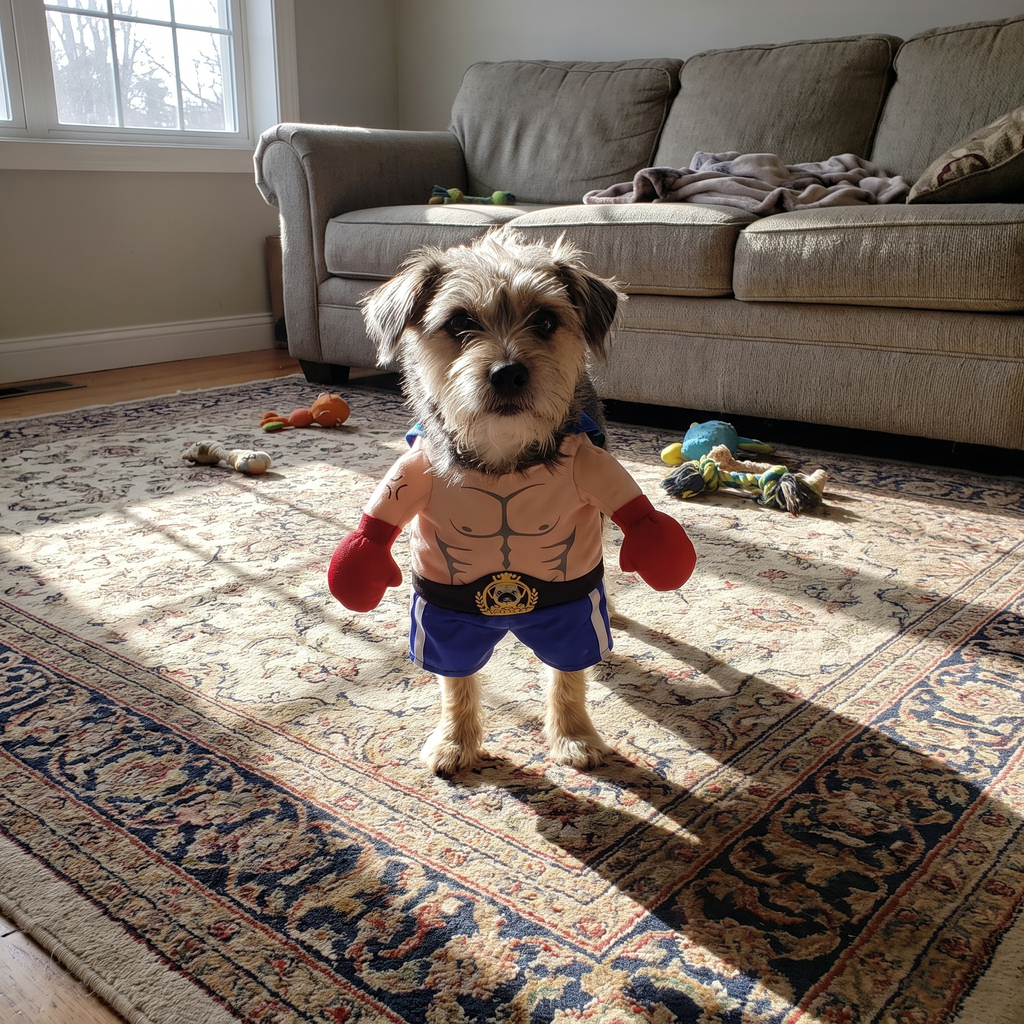 Small dog in the boxer costume on a living room rug - wrenwood ugc lifestyle v2