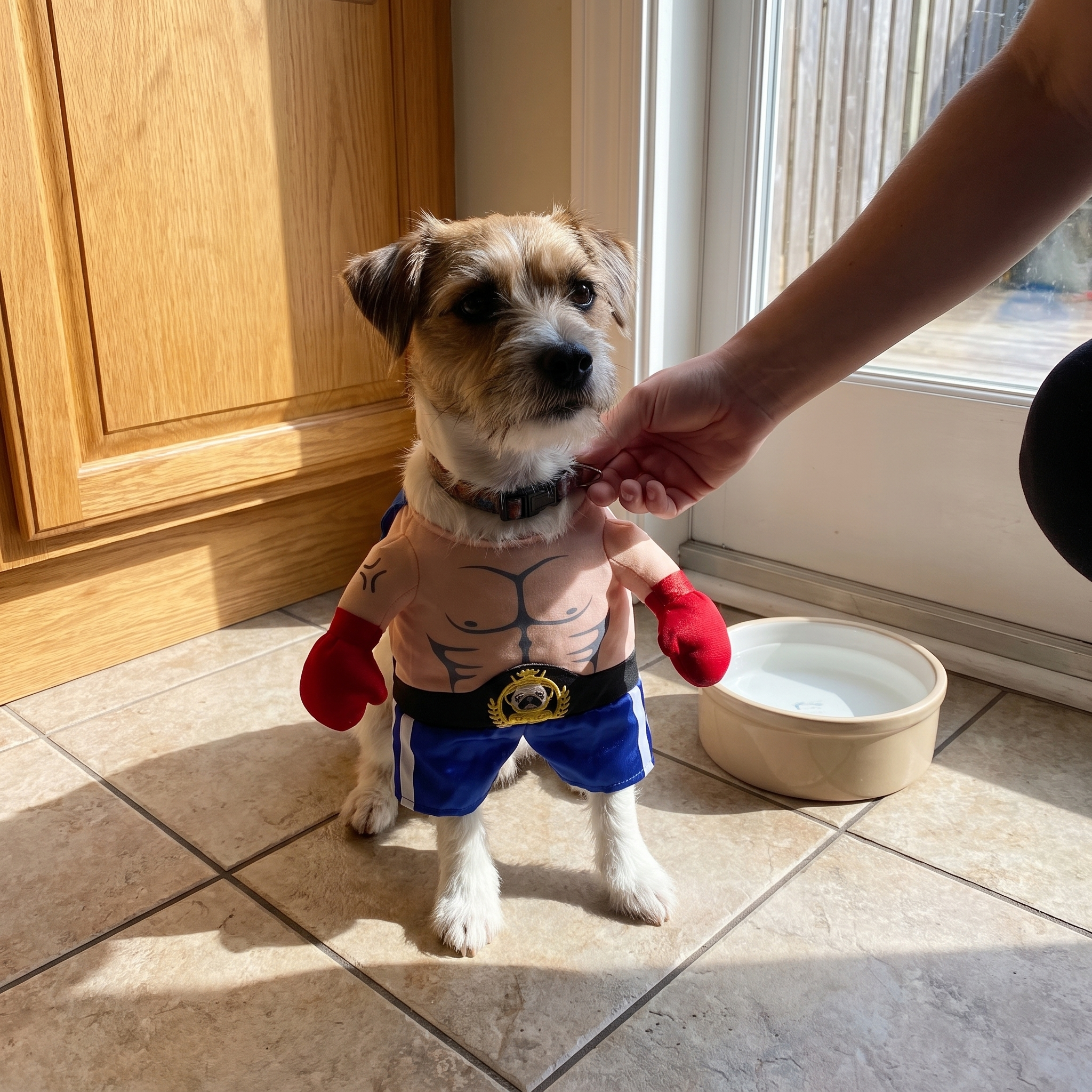 Hand adjusting the boxer costume strap on a kitchen floor - wrenwood ugc lifestyle v2