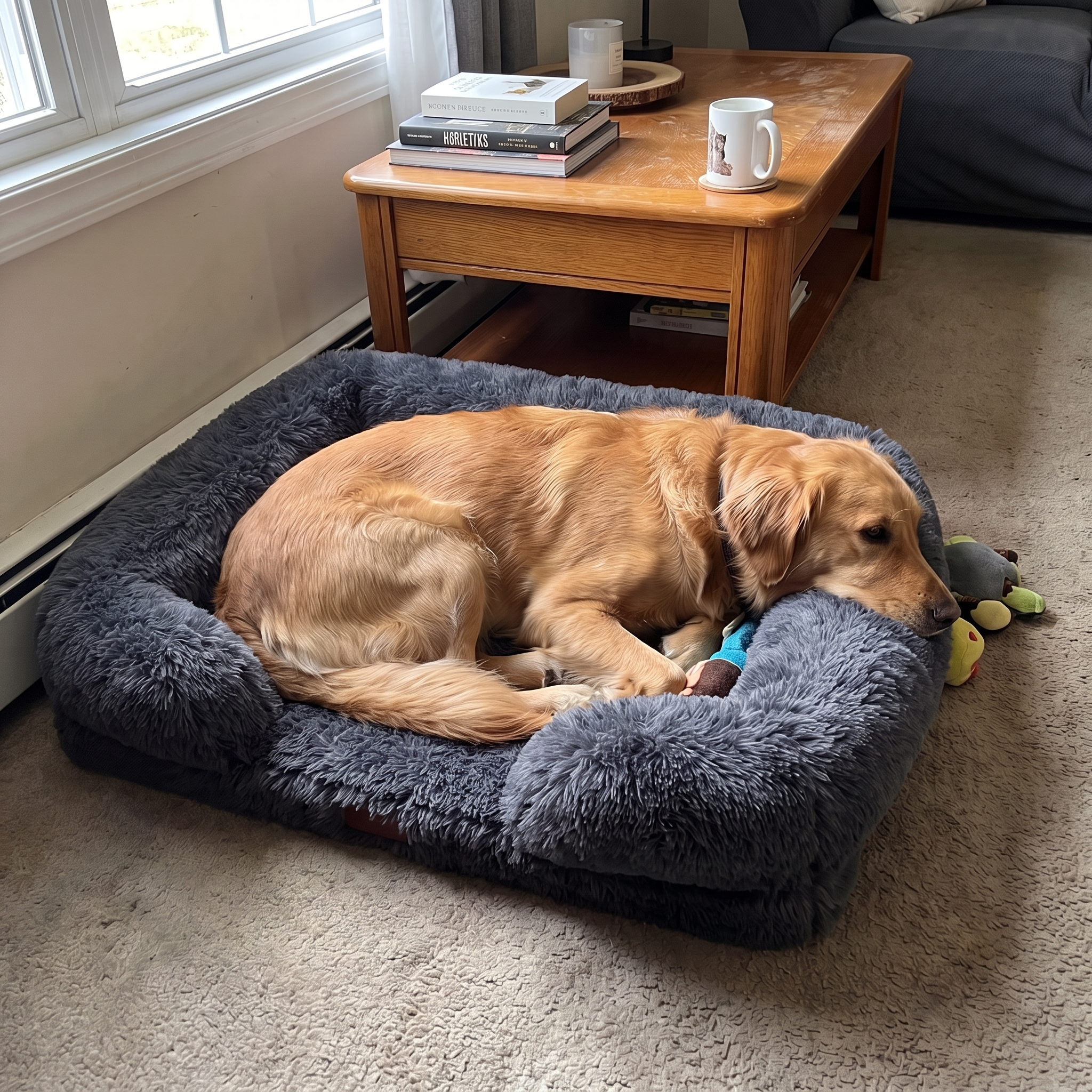 Golden retriever rests in the grey plush bolster bed on a living room carpet.